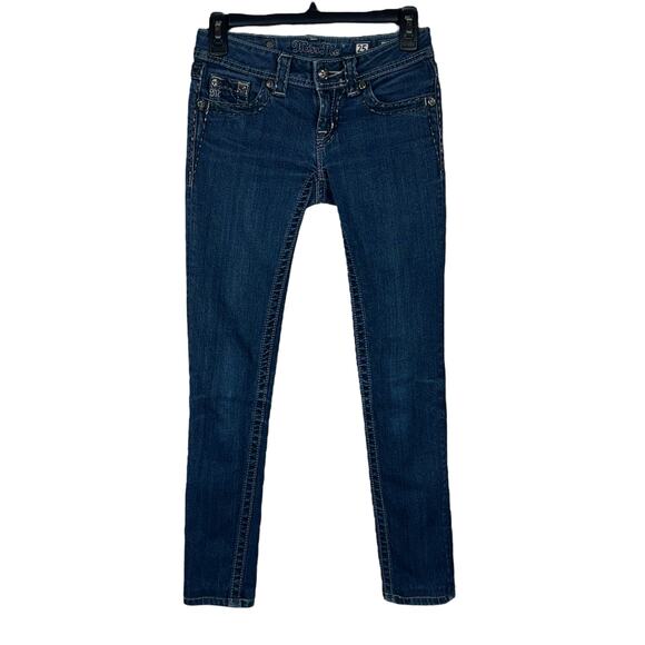 Miss Me SZ 25 Skinny Jeans Low-Rise Silver Embroidery Button-Flap Pockets Hemmed - Picture 1 of 16